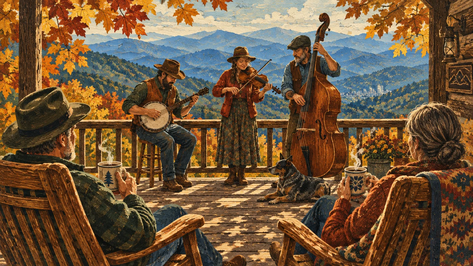 Illustration of musicians playing banjo, fiddle, and upright bass on a wooden porch overlooking autumn mountains.