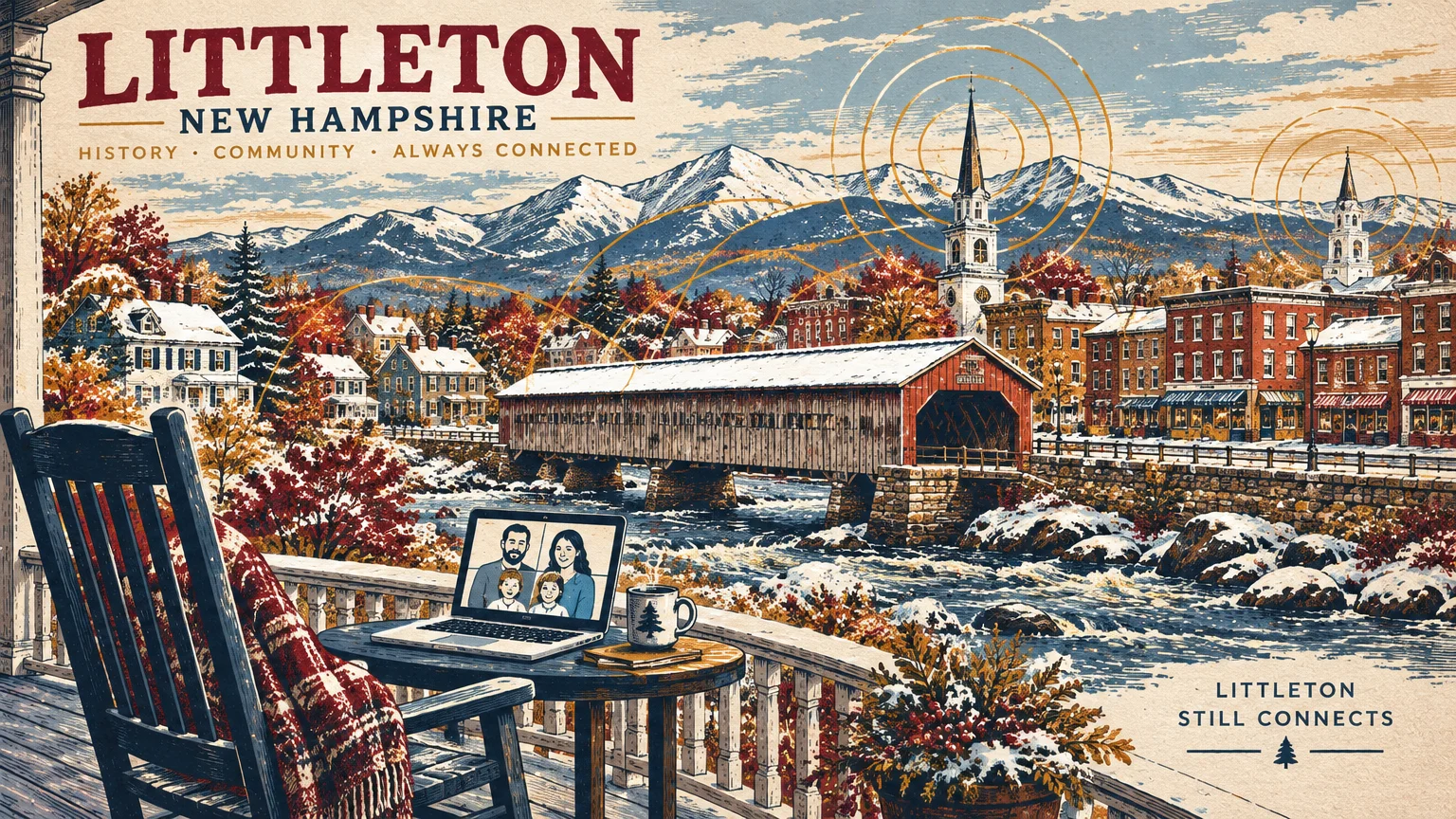 Illustration of a winter porch with a video call on a laptop overlooking a covered bridge and snowy mountains.