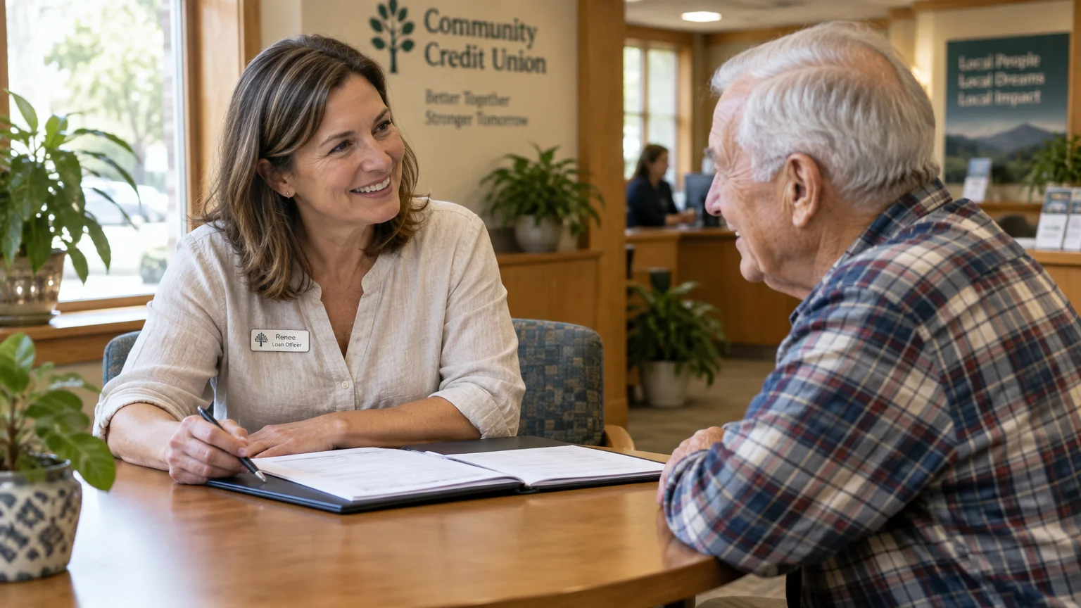 A female loan officer smiles across a desk at an older man while reviewing paperwork inside a credit union.