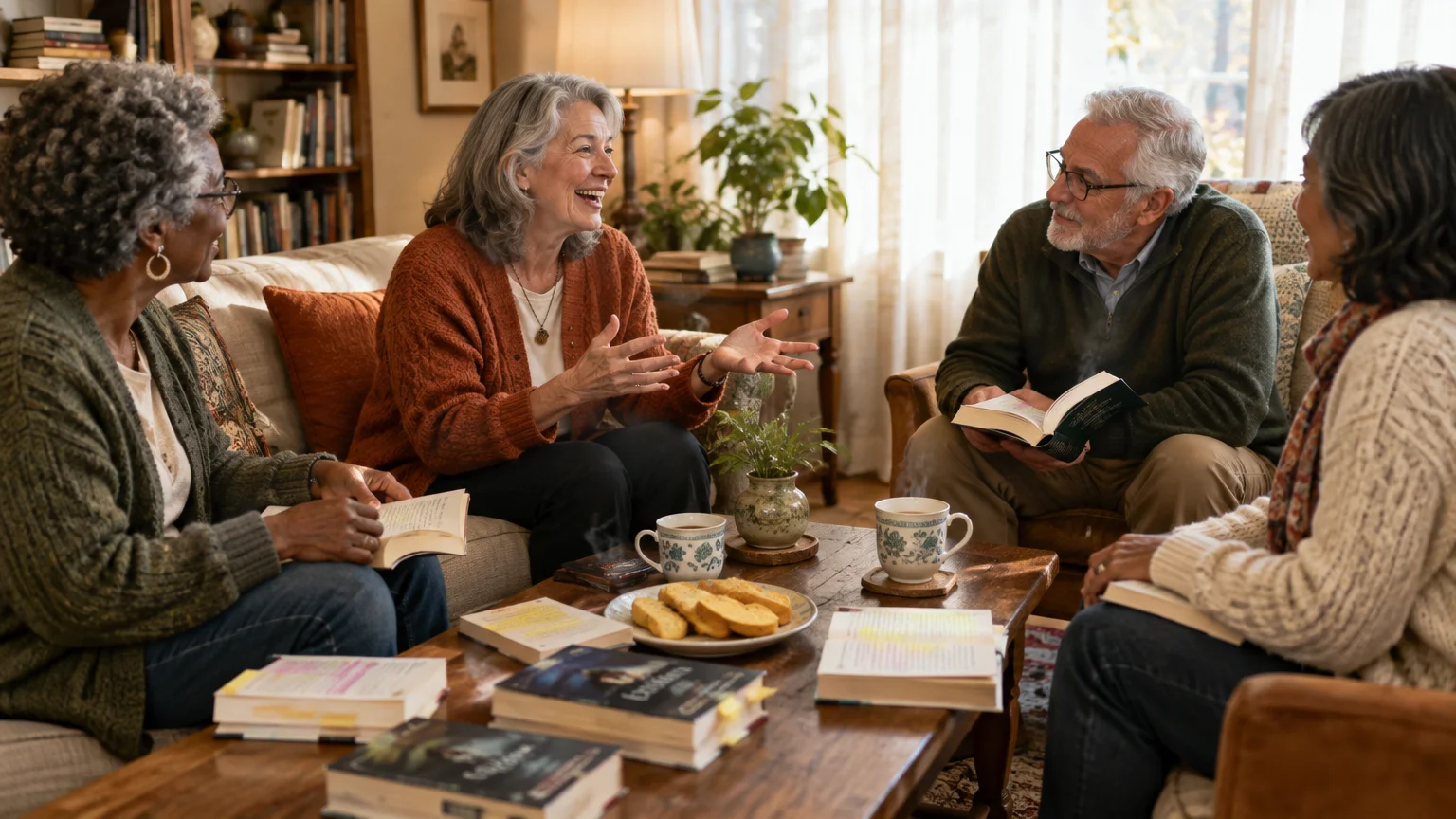 Four older adults sit in a cozy living room holding open books and conversing around a coffee table with snacks and tea.
