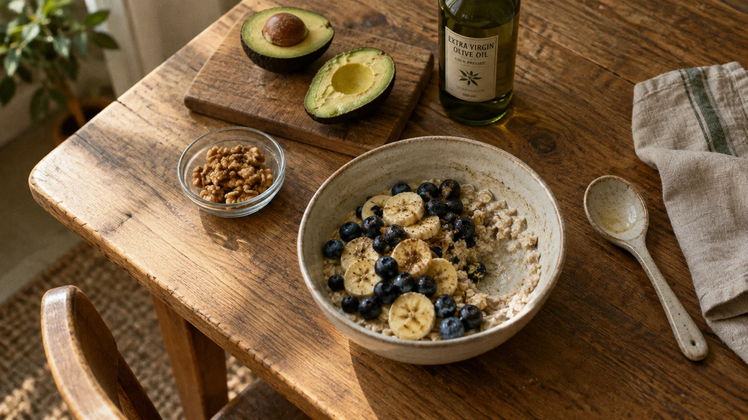 Oatmeal topped with bananas and blueberries on a wooden table beside avocado halves, a bowl of walnuts, and olive oil.