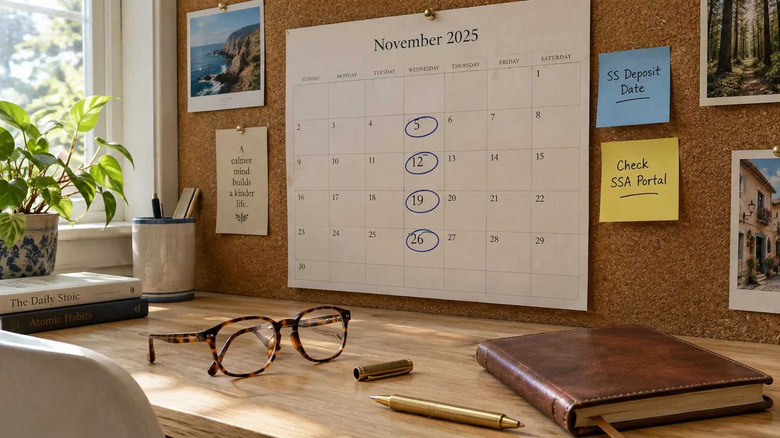 Corkboard above a desk holding a November calendar with circled dates, alongside sticky notes, glasses, and a notebook.