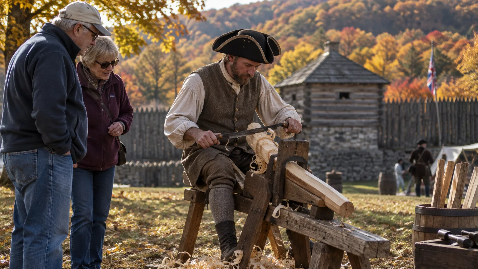 A colonial reenactor shapes wood with a drawknife as two spectators watch near a wooden fort against autumn hills.