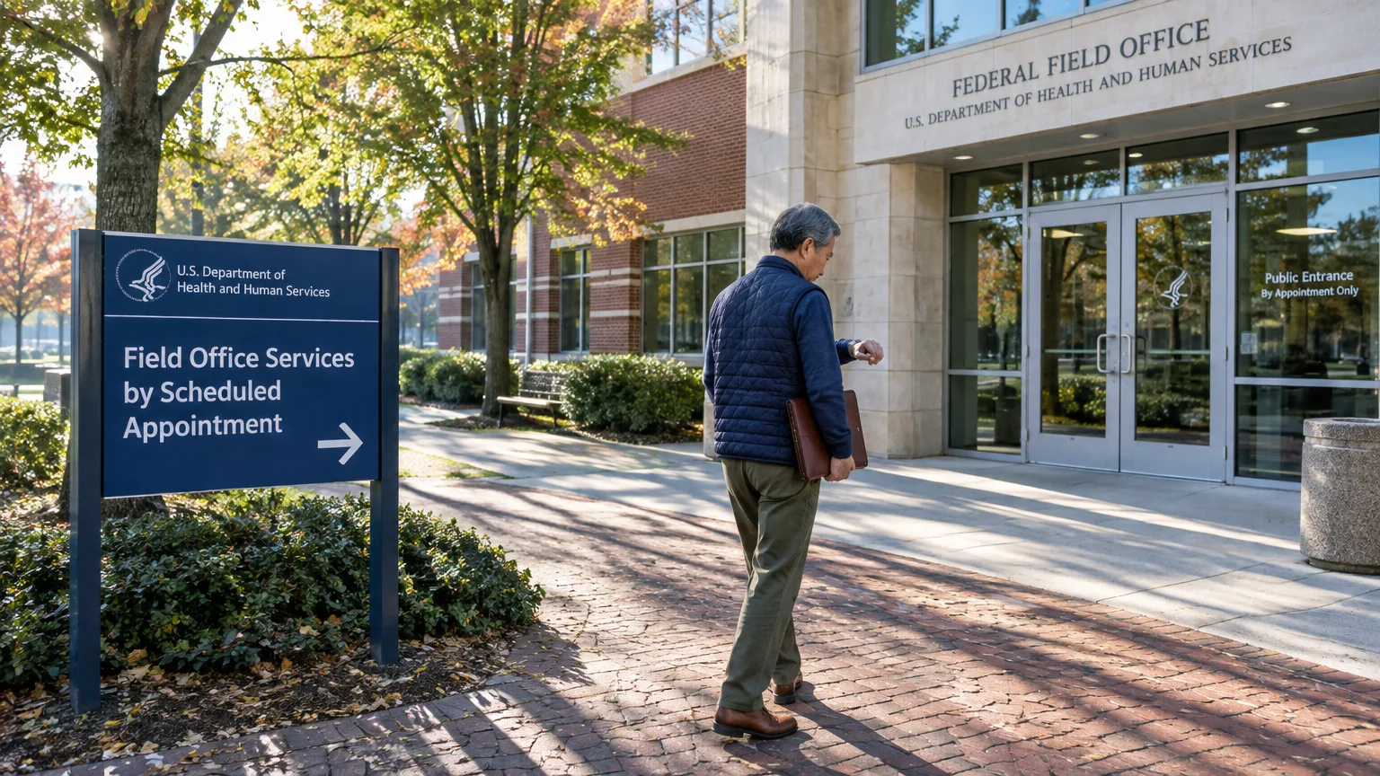 A man walking toward a federal field office entrance near a sign reading Field Office Services by Scheduled Appointment.