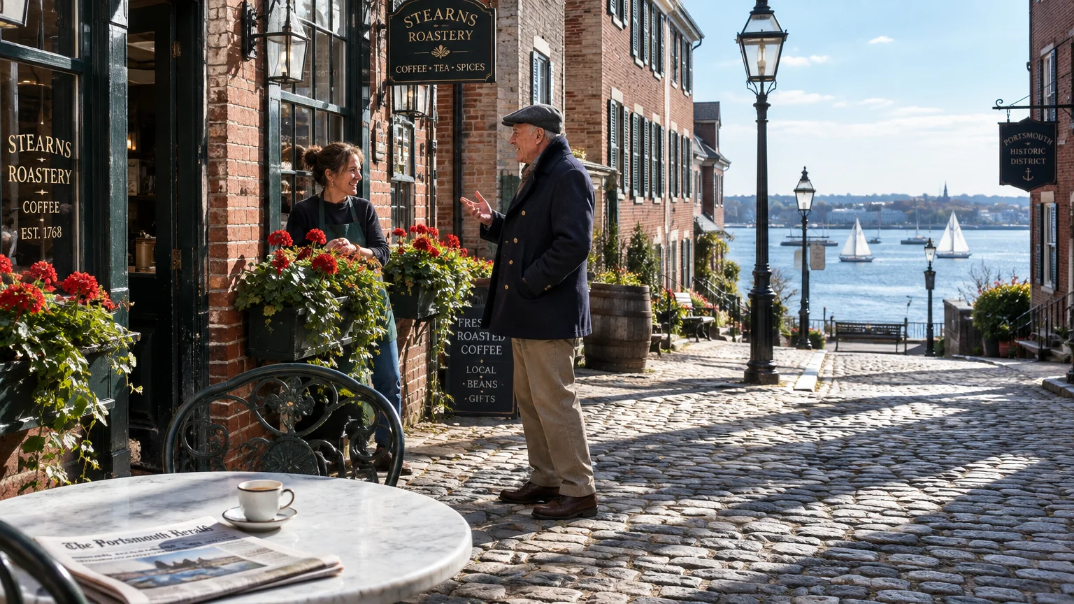 A man and woman converse outside a brick coffee shop on a cobblestone street overlooking sailboats on the water.