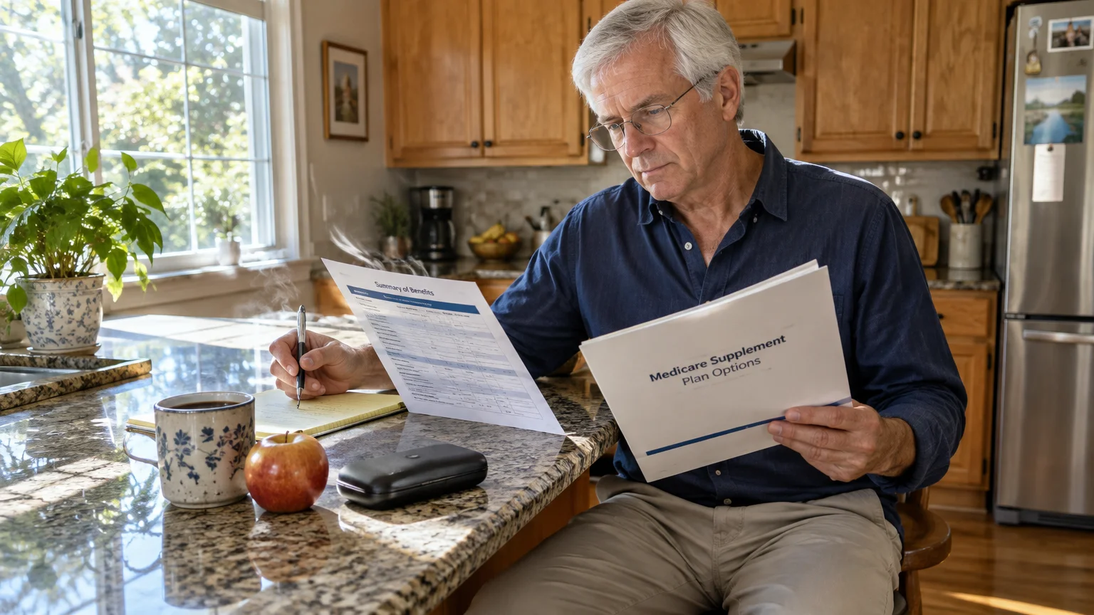 Man in glasses seated at a kitchen island reviewing Medicare Supplement plan documents and taking notes.