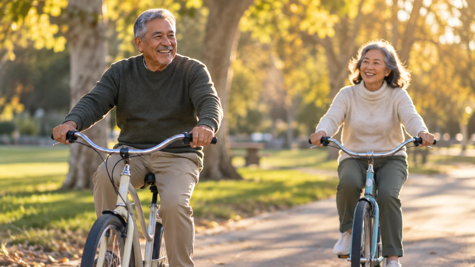 Senior couple smiling while riding bicycles along a paved path in a sunny park.
