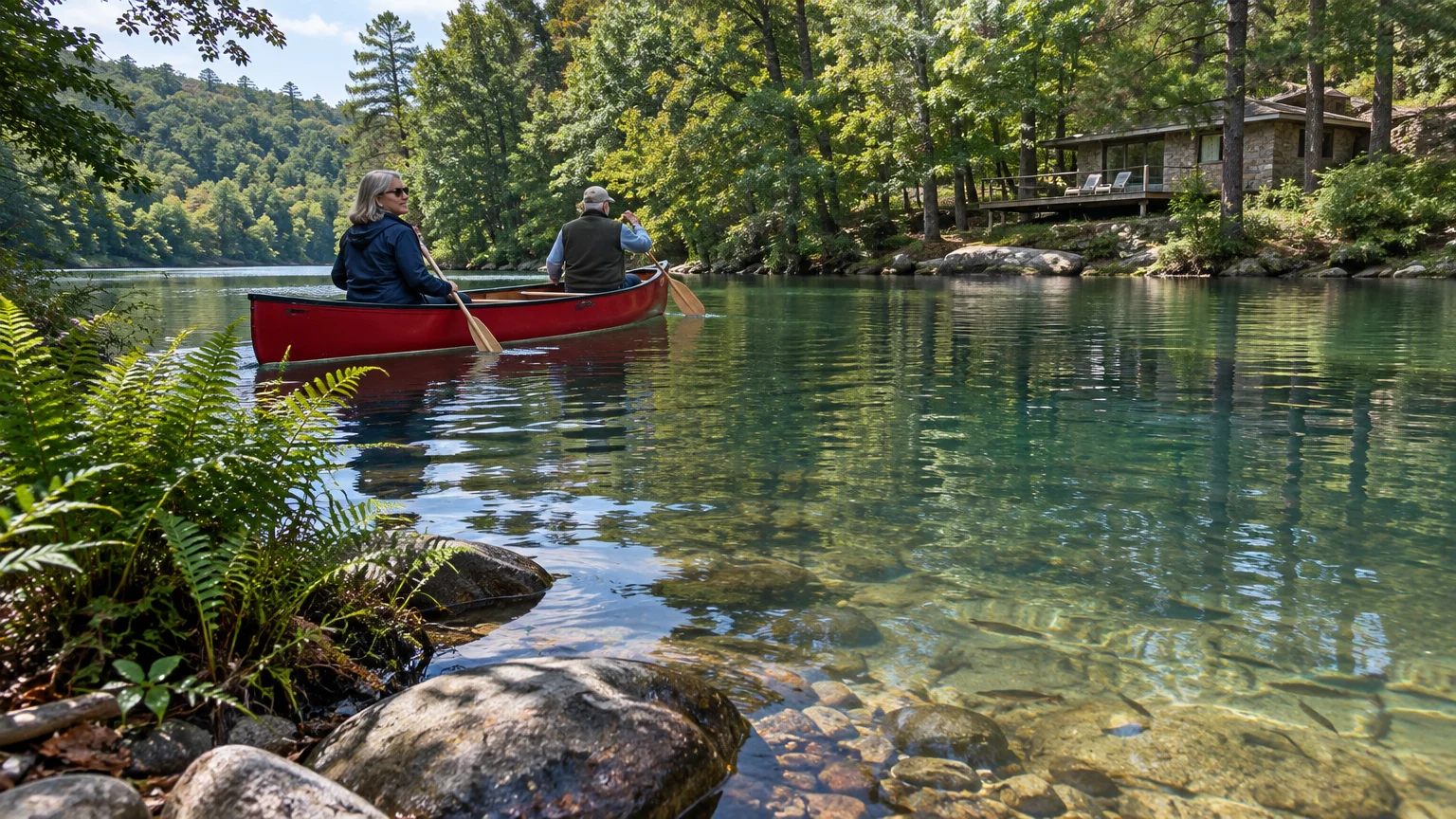 Two people paddling a red canoe on clear water near a rocky, forested shoreline with a cabin.
