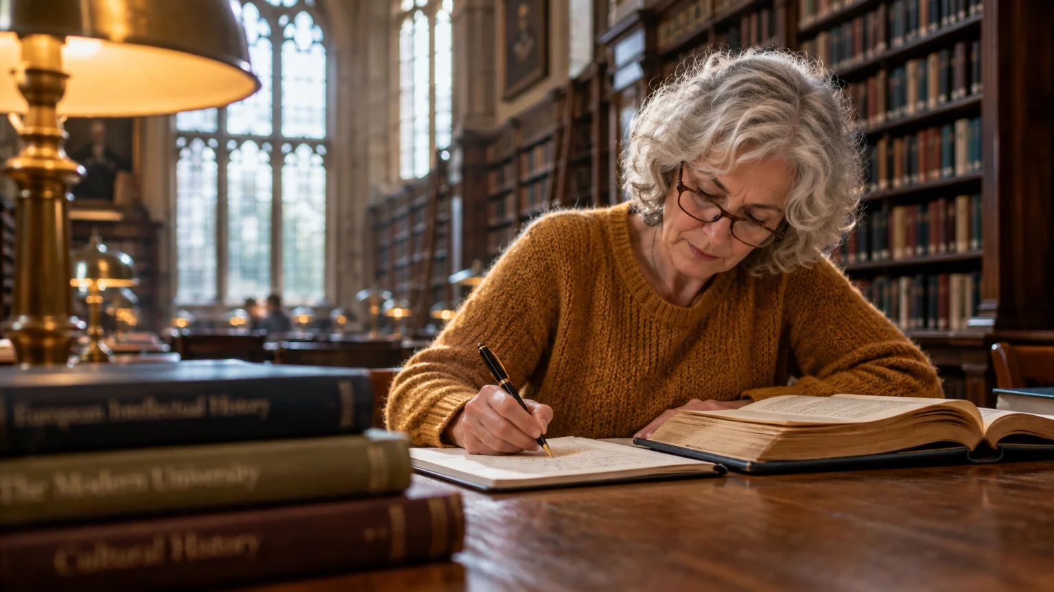 Older woman with glasses writing in a notebook beside open books at a wooden desk in a historic library.