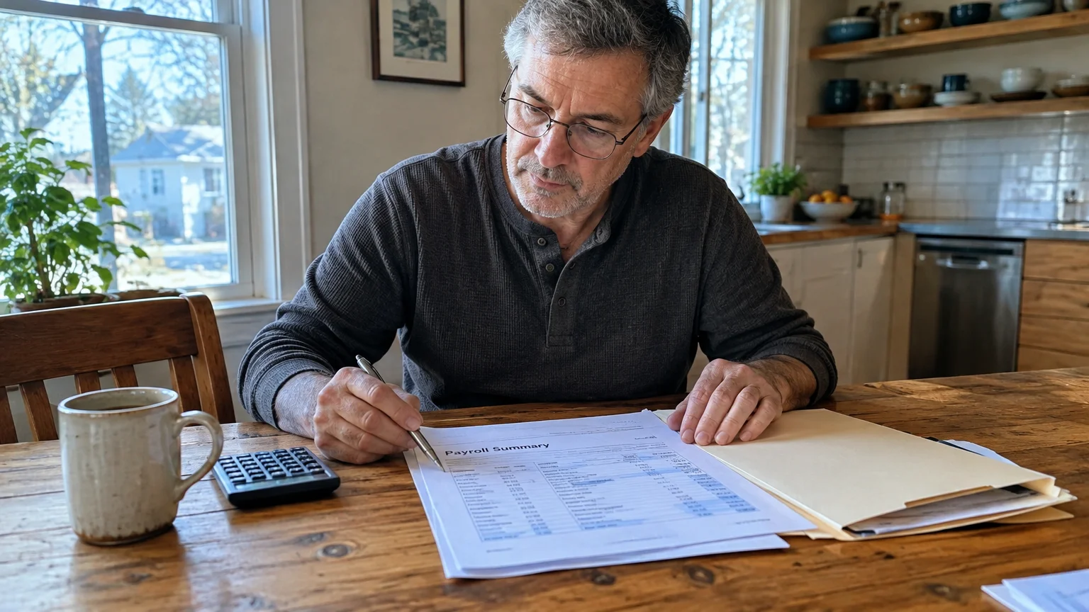 A man wearing glasses sits at a wooden table reviewing a payroll summary document with a pen and calculator.