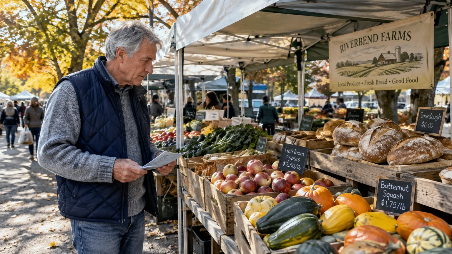 An older man holding a paper list shops beside displays of squash, apples, and bread at an outdoor farmers market.