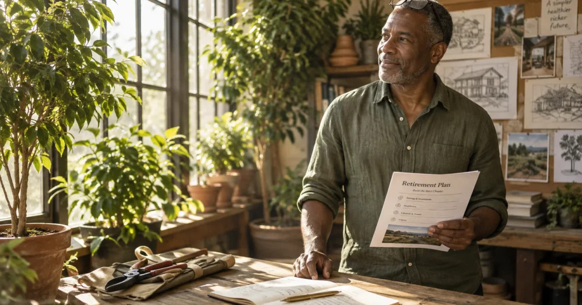 Mature man standing in a sunlit workshop by a window, holding a printed retirement plan document.