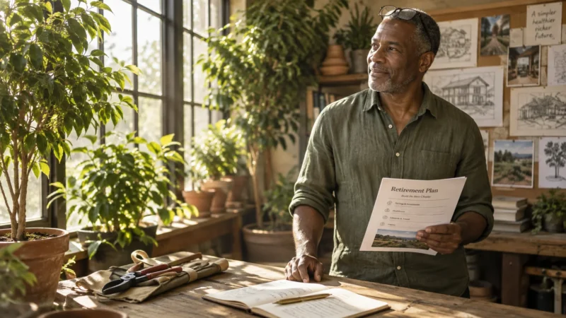 Mature man standing in a sunlit workshop by a window, holding a printed retirement plan document.