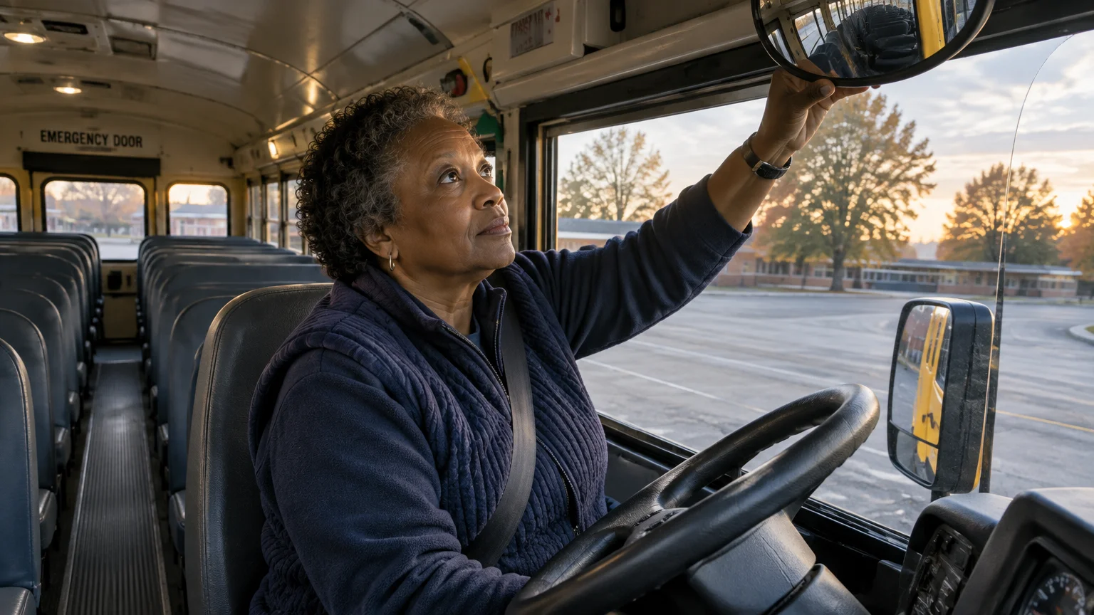 A senior woman sits in the driver's seat of an empty school bus, reaching up to adjust the interior rearview mirror.
