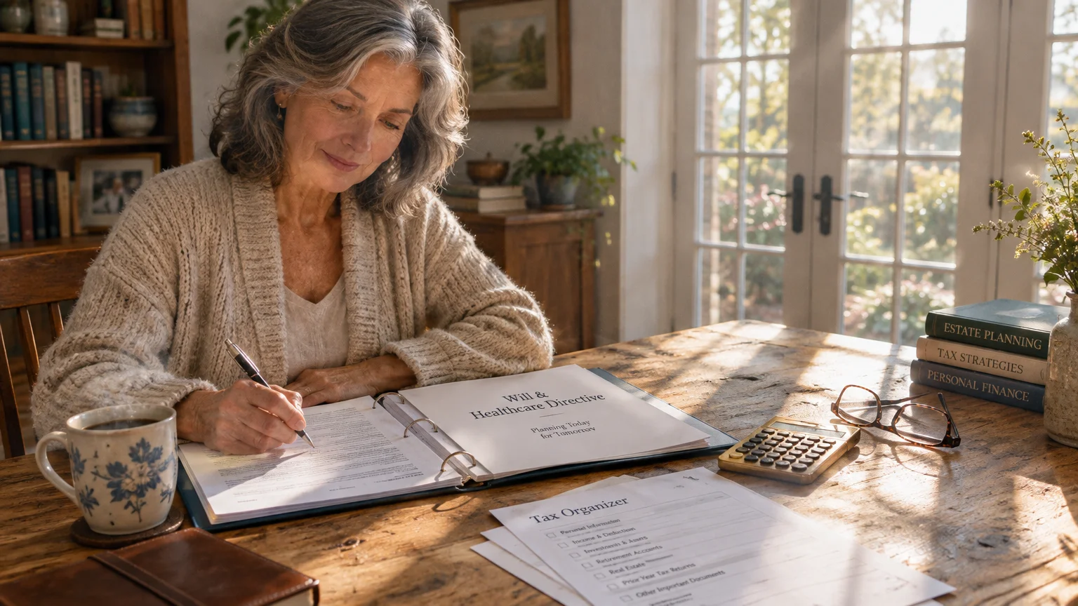 A senior woman fills out a will and healthcare directive binder at a wooden table with tax forms nearby.