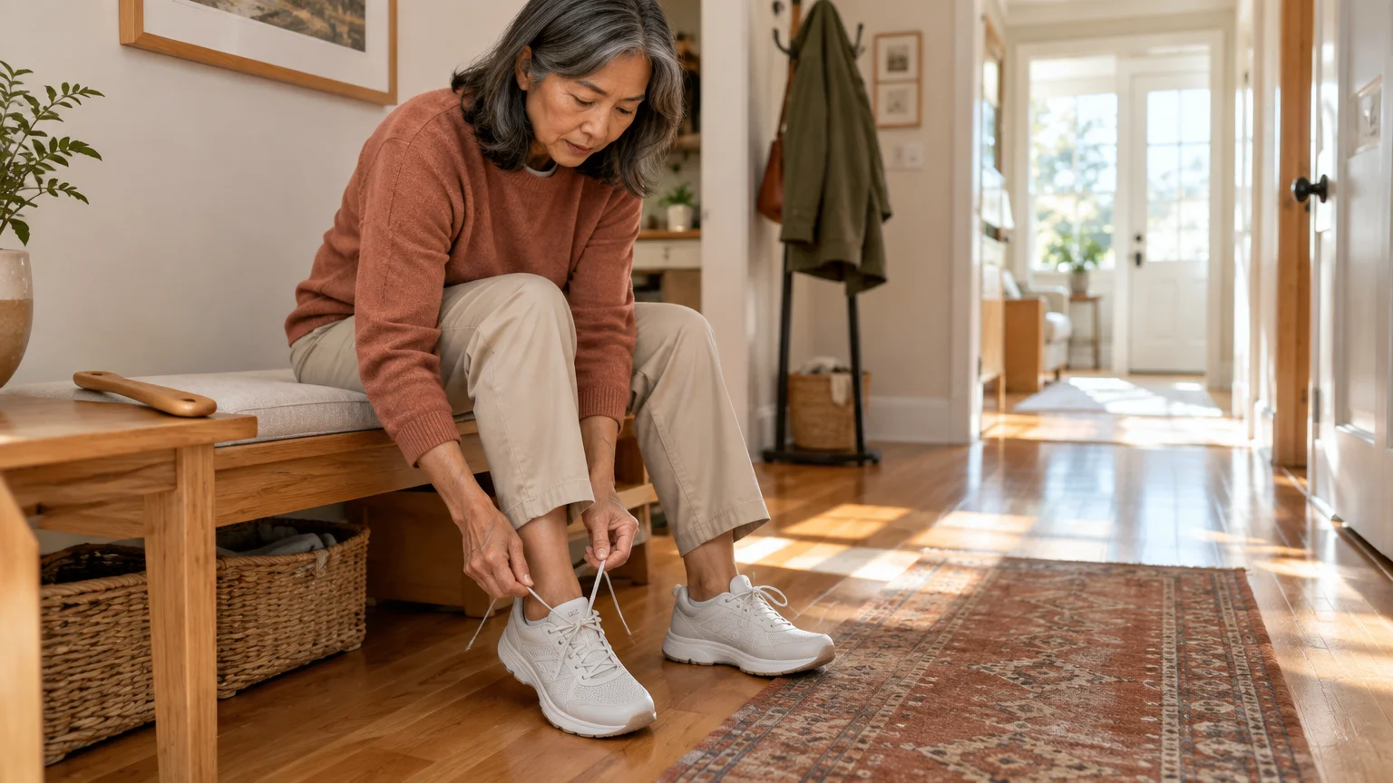 A woman sitting on a wooden bench in a hallway bends forward to tie her white sneaker.