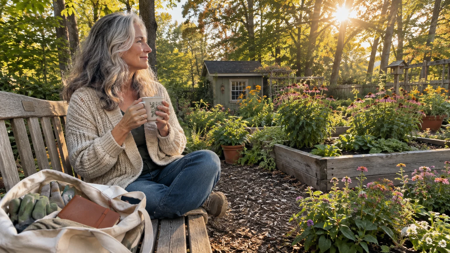 A smiling woman with gray hair sits on a wooden bench holding a mug in a sunlit garden with raised flower beds.