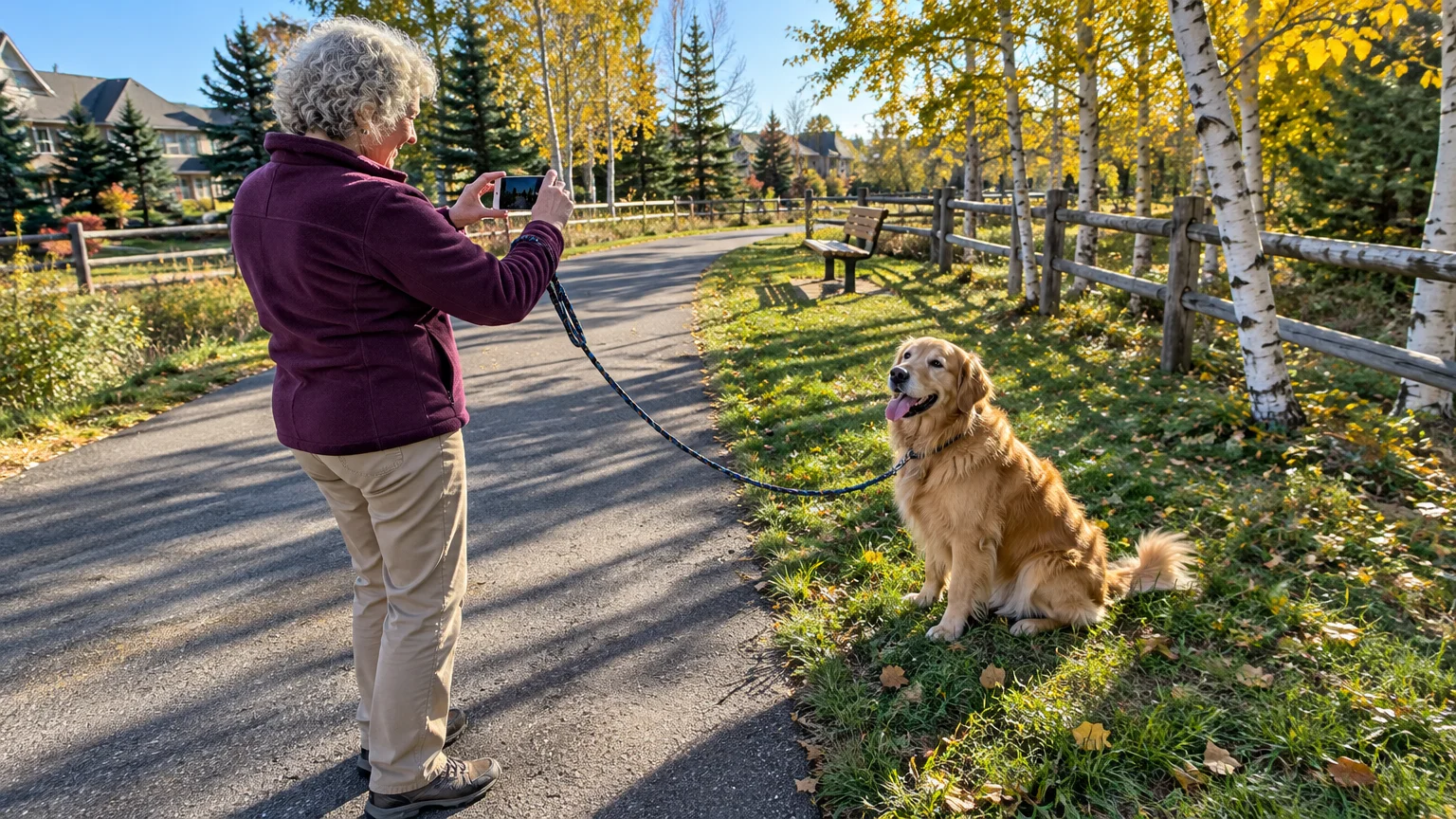 Woman on a paved park path taking a smartphone photo of a golden retriever sitting on the grass.