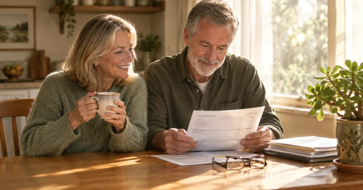 A smiling senior couple sits together at a wooden dining table reviewing an account summary document.