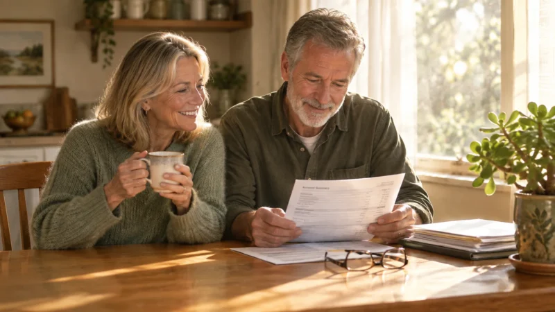 A smiling senior couple sits together at a wooden dining table reviewing an account summary document.