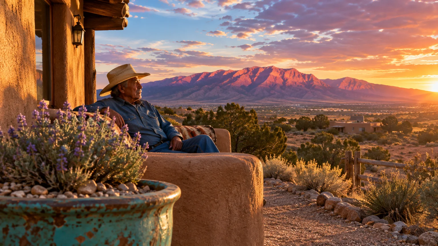 Older man in a straw hat sitting on an adobe patio overlooking a desert valley and mountains at sunset.