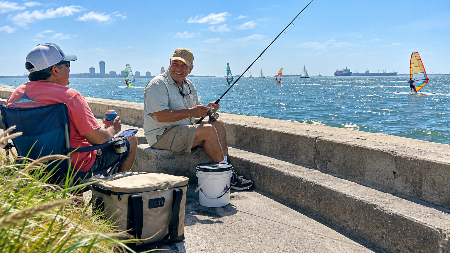 Two men relax and fish along a concrete seawall as windsurfers and boats glide across sunny coastal waters.