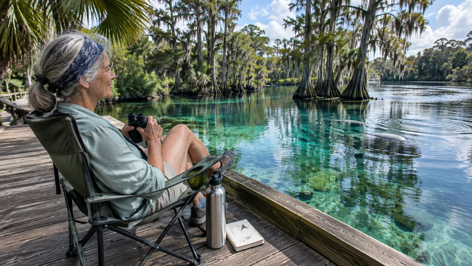 A woman sits on a wooden dock with binoculars overlooking clear turquoise spring water and cypress trees.