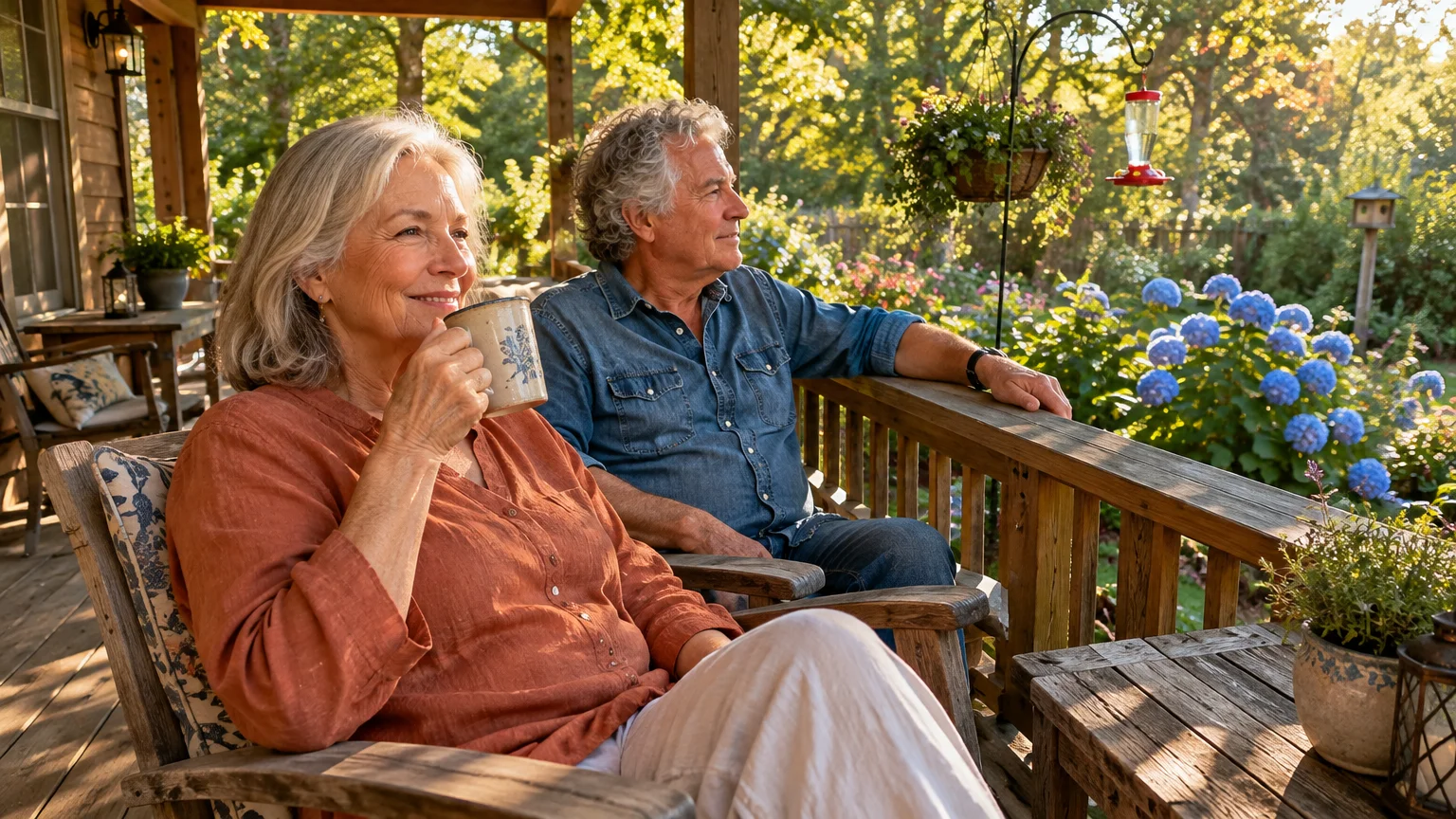 Senior man and woman relaxing in wooden armchairs on a porch overlooking a sunny garden of blue hydrangeas.