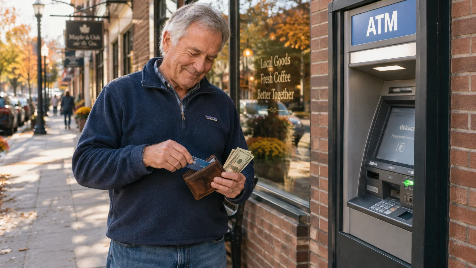 Smiling older man putting a card and cash into his wallet outside next to an outdoor sidewalk ATM.