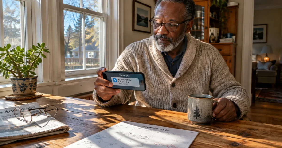A man wearing glasses checks his phone's bank app at a wooden table with a calendar and coffee mug.