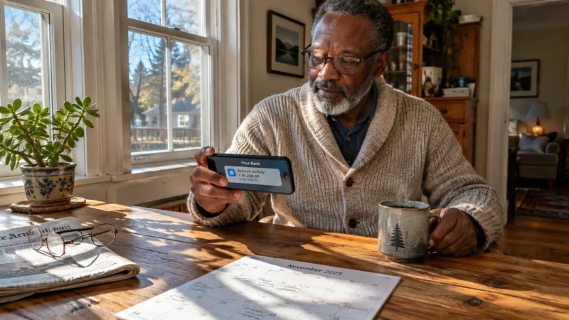 A man wearing glasses checks his phone's bank app at a wooden table with a calendar and coffee mug.