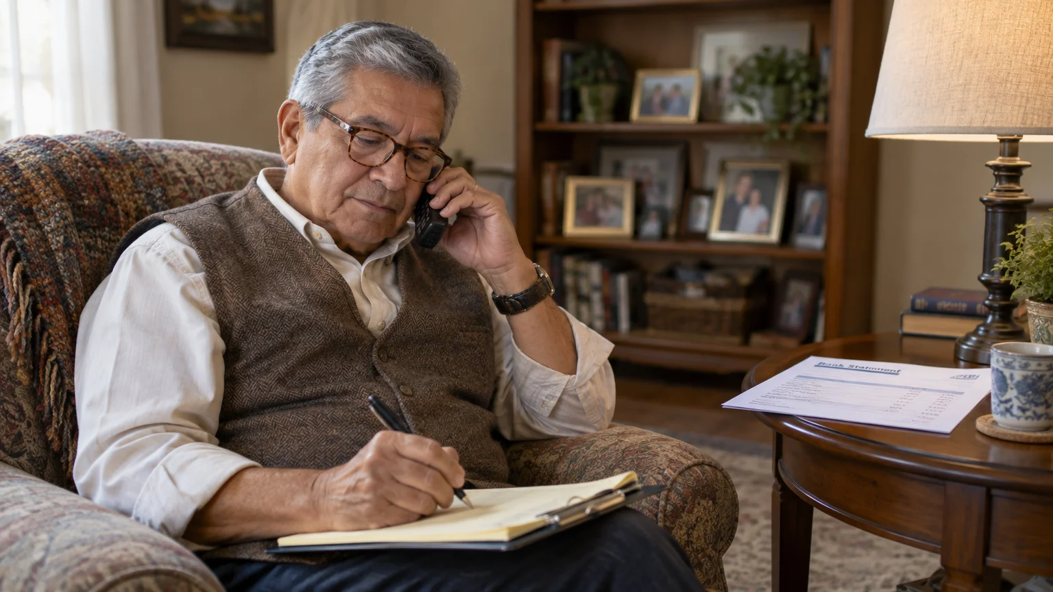 An older man wearing glasses sits in an armchair, talking on the phone and writing notes near a bank statement.
