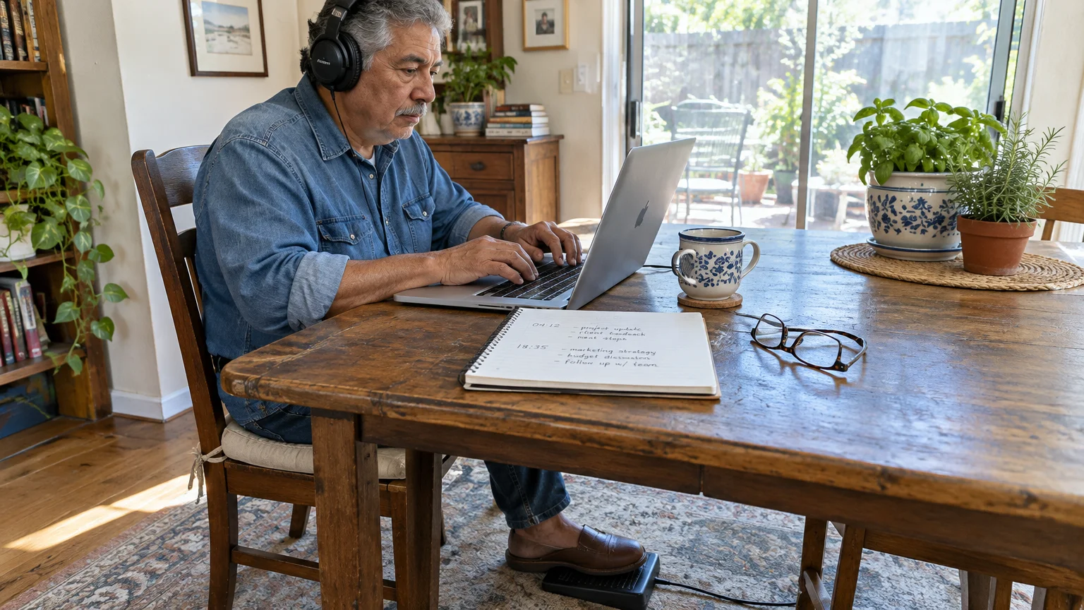 A man wearing headphones types on a laptop at a wooden dining table while using a foot pedal on the floor.