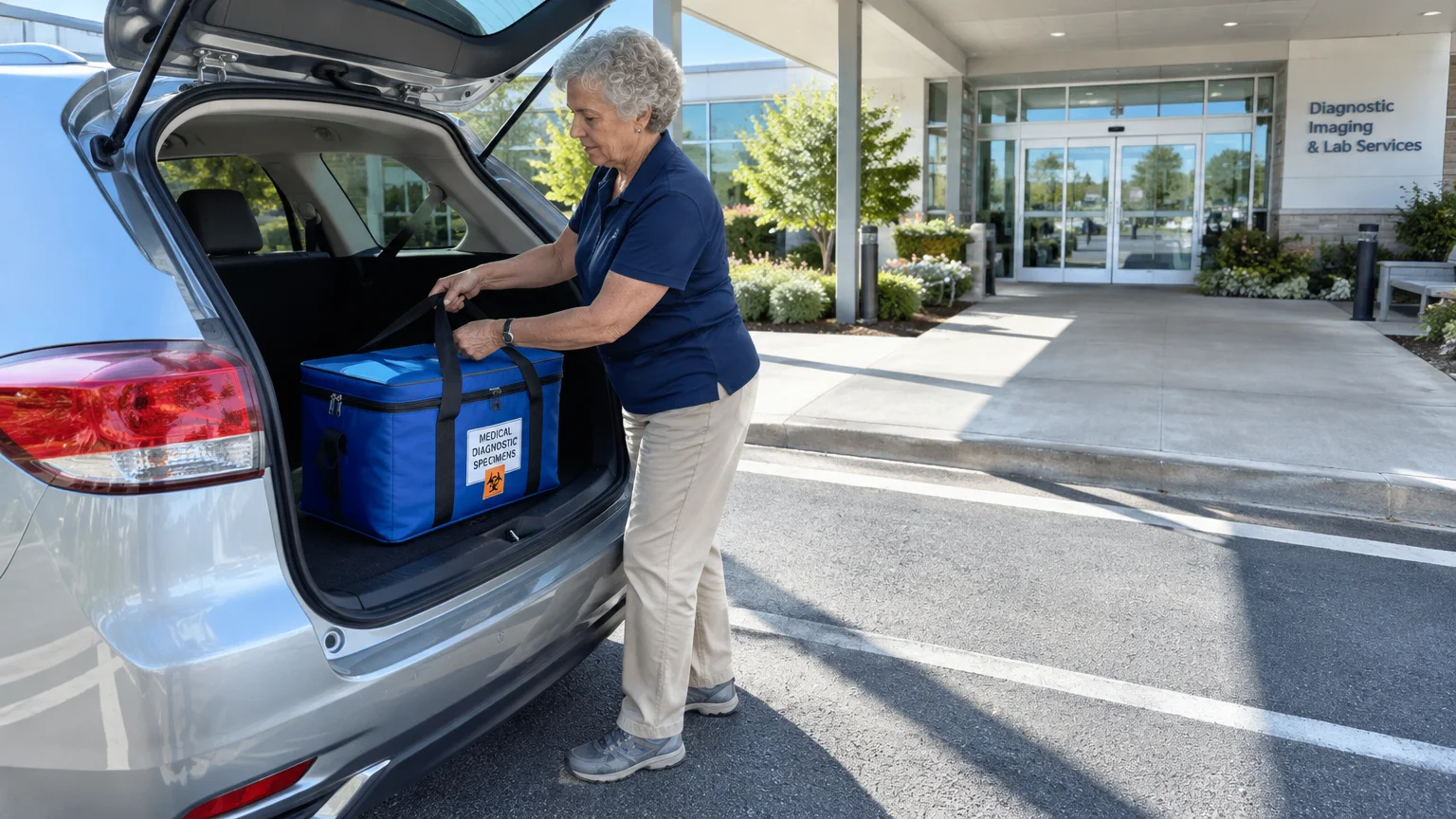 A senior woman loads a blue medical diagnostic specimen cooler into the open trunk of an SUV outside a clinic.