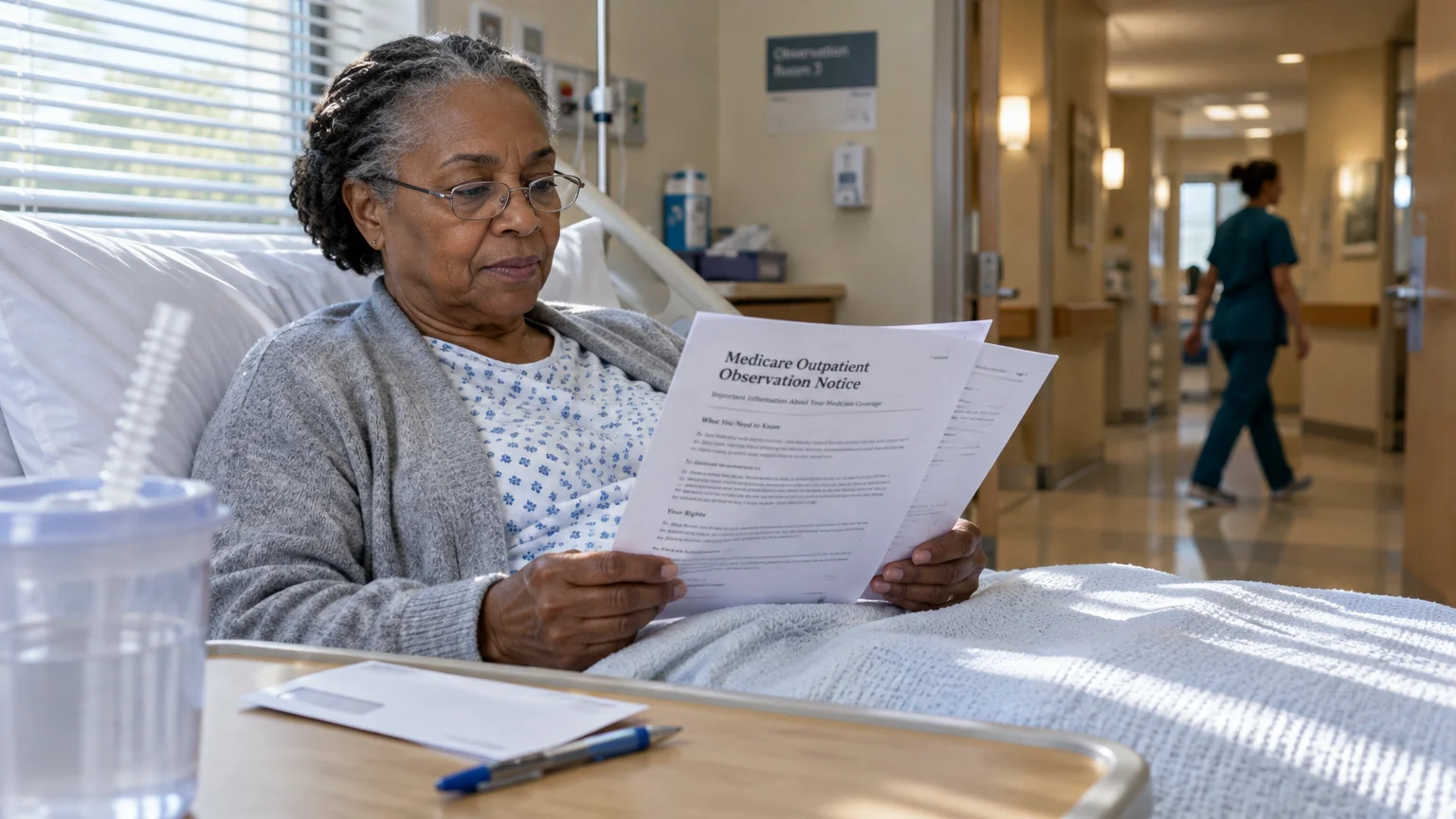 Senior woman in a hospital bed reading a Medicare Outpatient Observation Notice with a hallway visible behind her.
