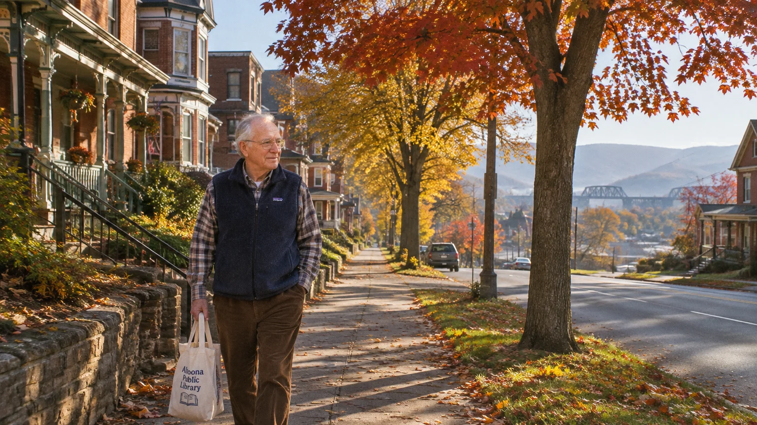 An older man walks down a tree-lined residential sidewalk past brick houses in autumn, carrying a canvas tote bag.