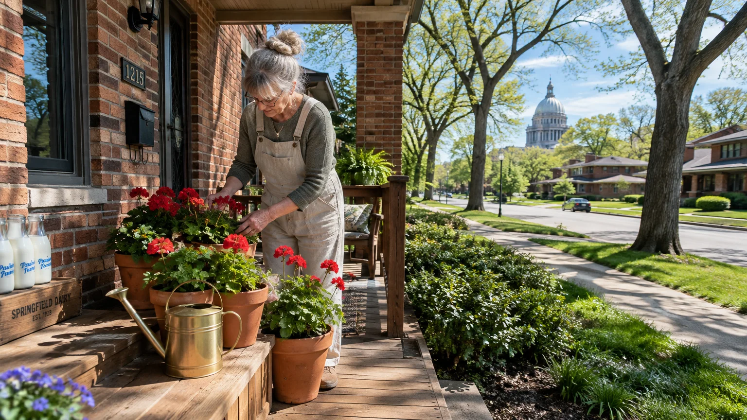 A woman tends potted red flowers on a brick home's front porch along a tree-lined street facing a domed capitol building.