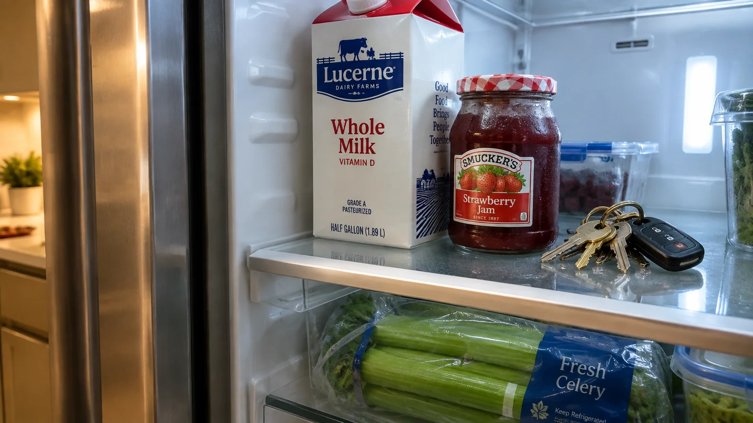 Car keys resting on a refrigerator shelf next to a jar of strawberry jam and a carton of milk.