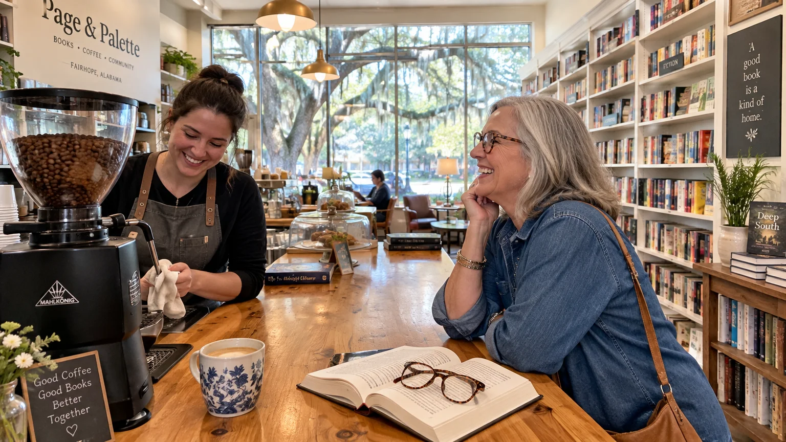 A smiling woman chats with a barista across a wooden counter inside a bookstore cafe lined with bookshelves.
