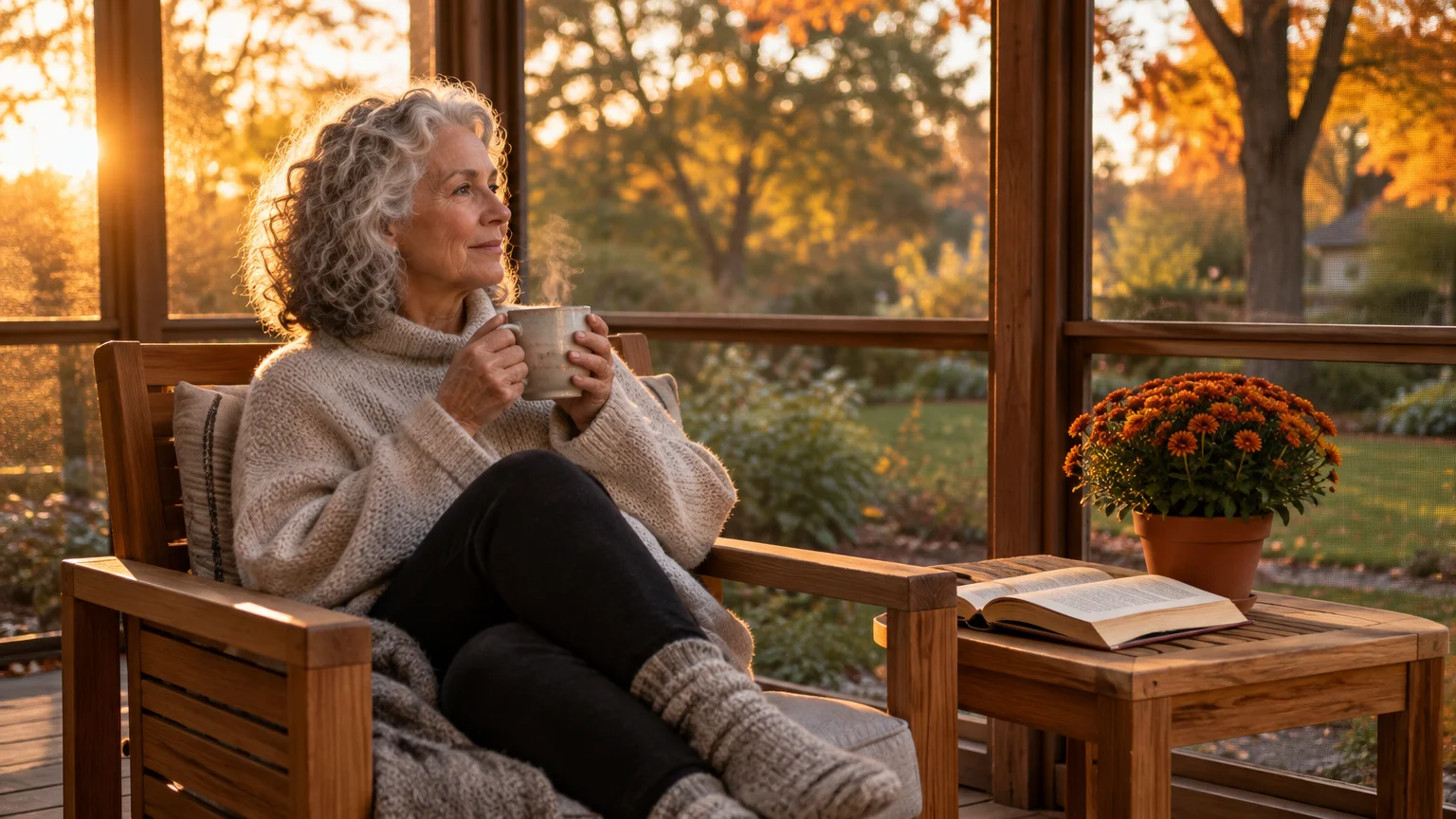 Senior woman relaxing on a screened porch with a steaming mug, book, and potted flowers during sunset.