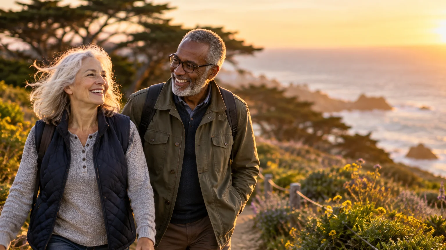 A smiling senior couple walking along a coastal trail lined with wildflowers at sunset.
