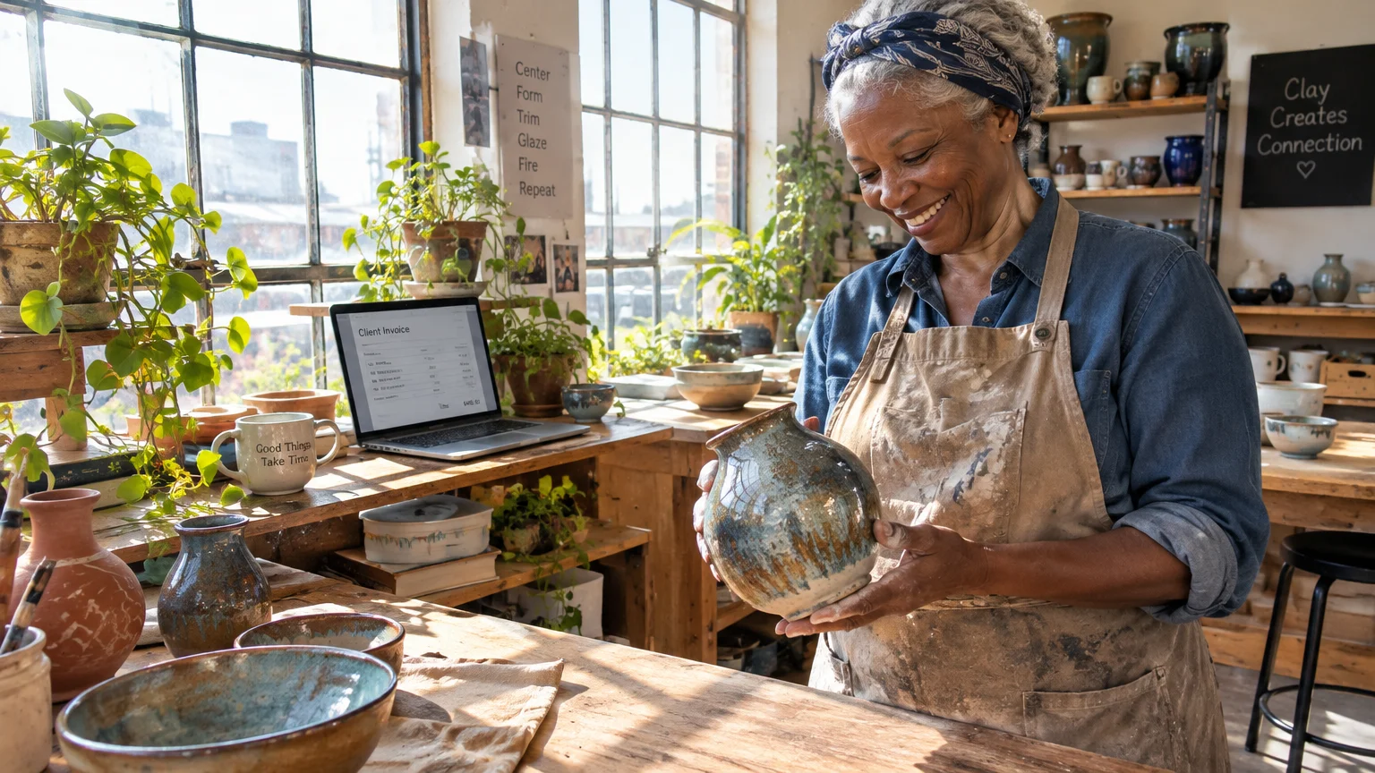 A smiling older woman wearing an apron inspects a ceramic vase inside a sunlit studio next to a laptop.