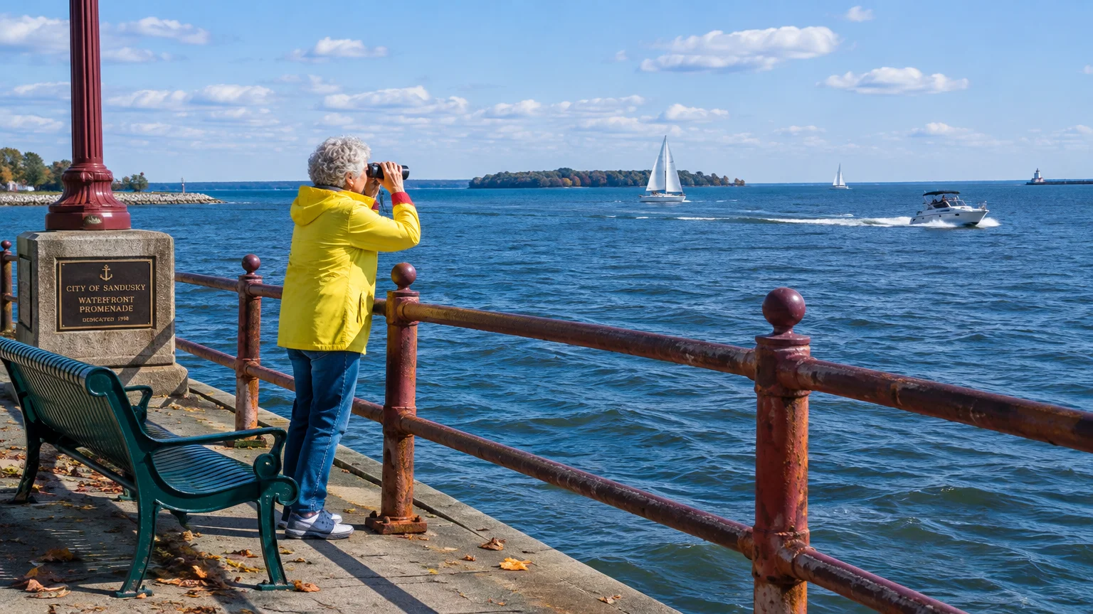 Woman in a yellow jacket looking through binoculars from a waterfront railing at boats on blue open water.