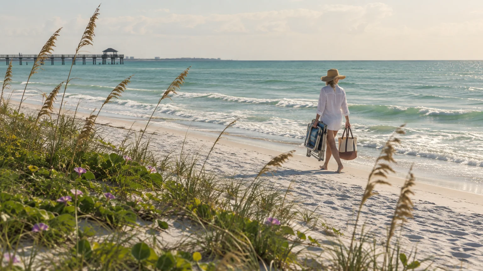A woman in a sunhat and white shirt carries beach chairs and a tote bag along a sandy shoreline with a pier in the distance.