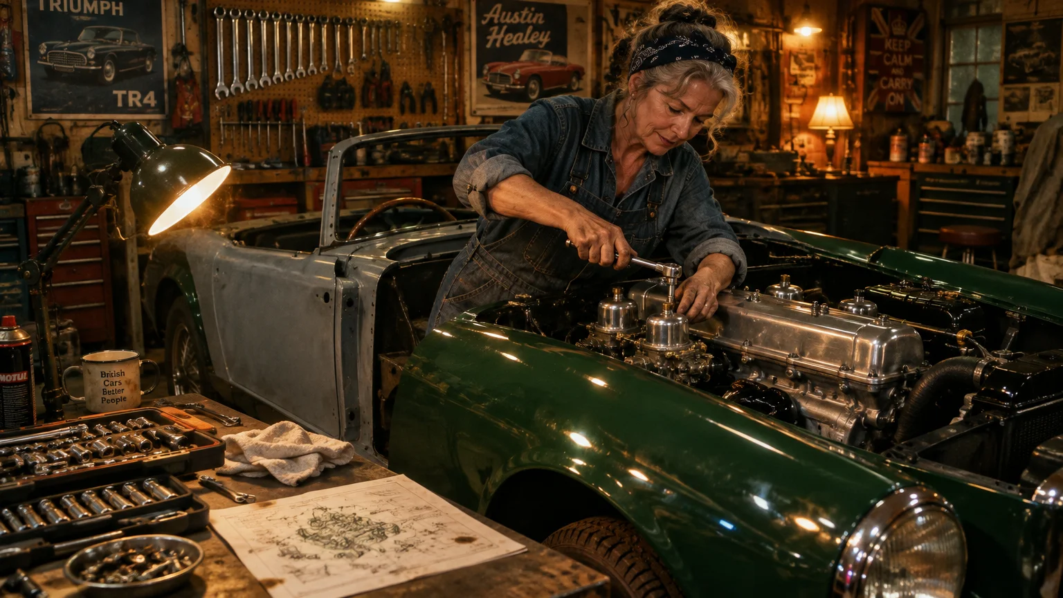 A woman in denim overalls uses a socket wrench to work on the engine of a vintage green convertible sports car.