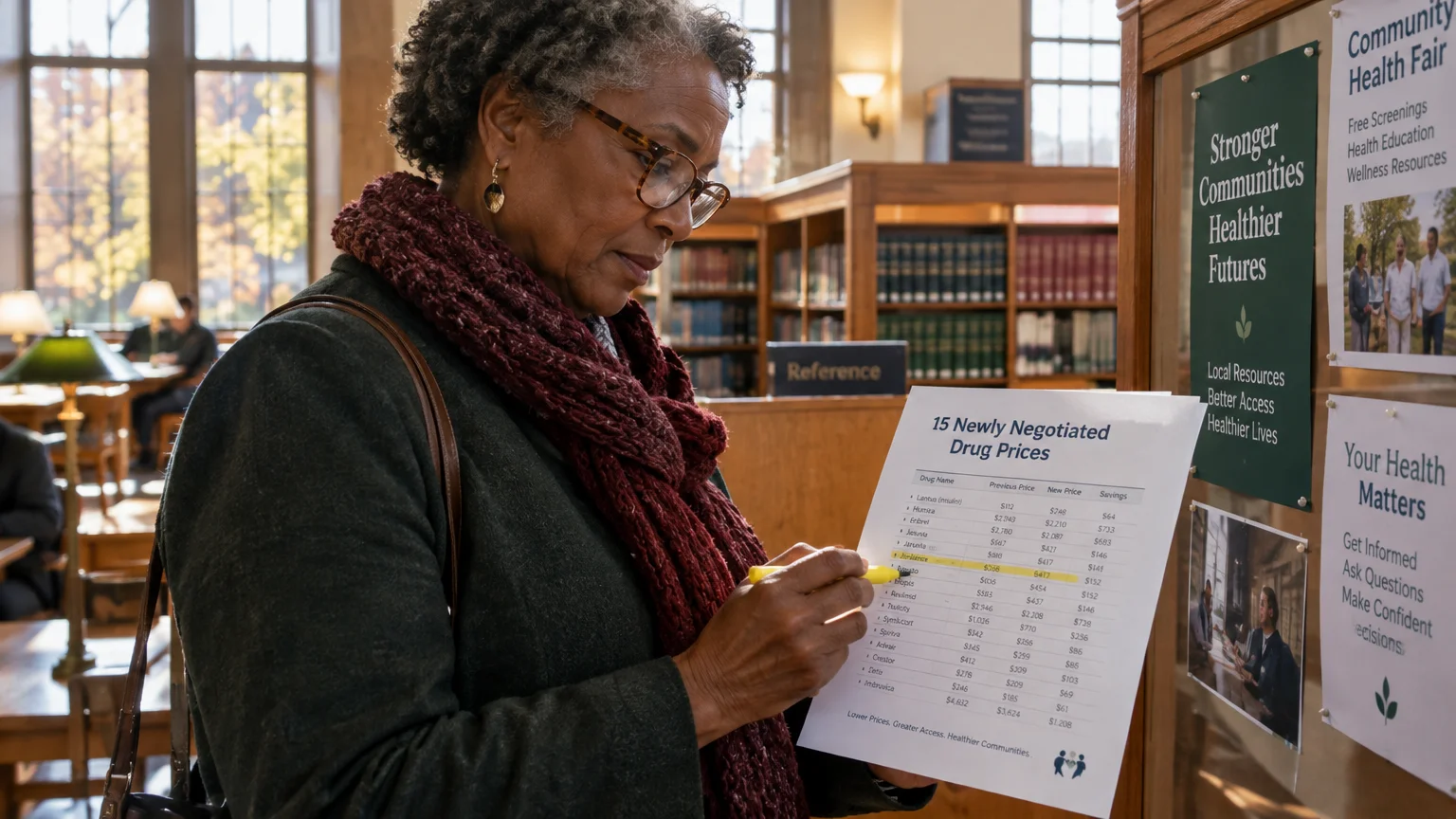 A woman in glasses highlights a printed list titled "15 Newly Negotiated Drug Prices" inside a library.