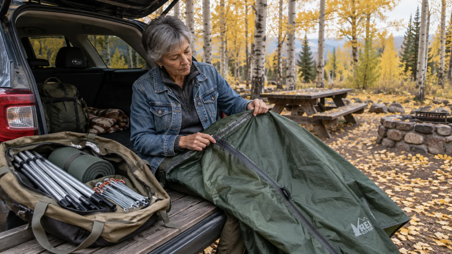 A woman sits on an open car tailgate at a campsite inspecting the seam of a green tent fabric.