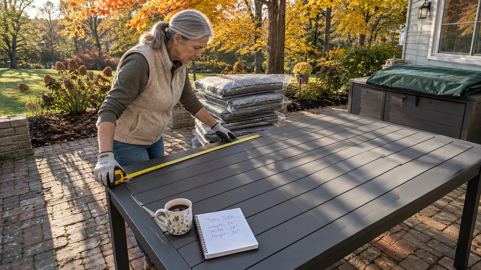 A woman measures a dark gray outdoor dining table with a tape measure on a brick patio in autumn.