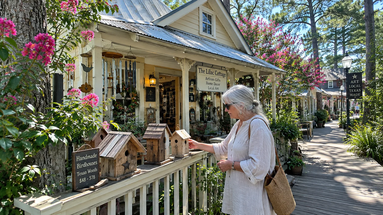 A woman with gray hair inspects wooden birdhouses displayed outside a quaint artisan gift shop on a wooden boardwalk.