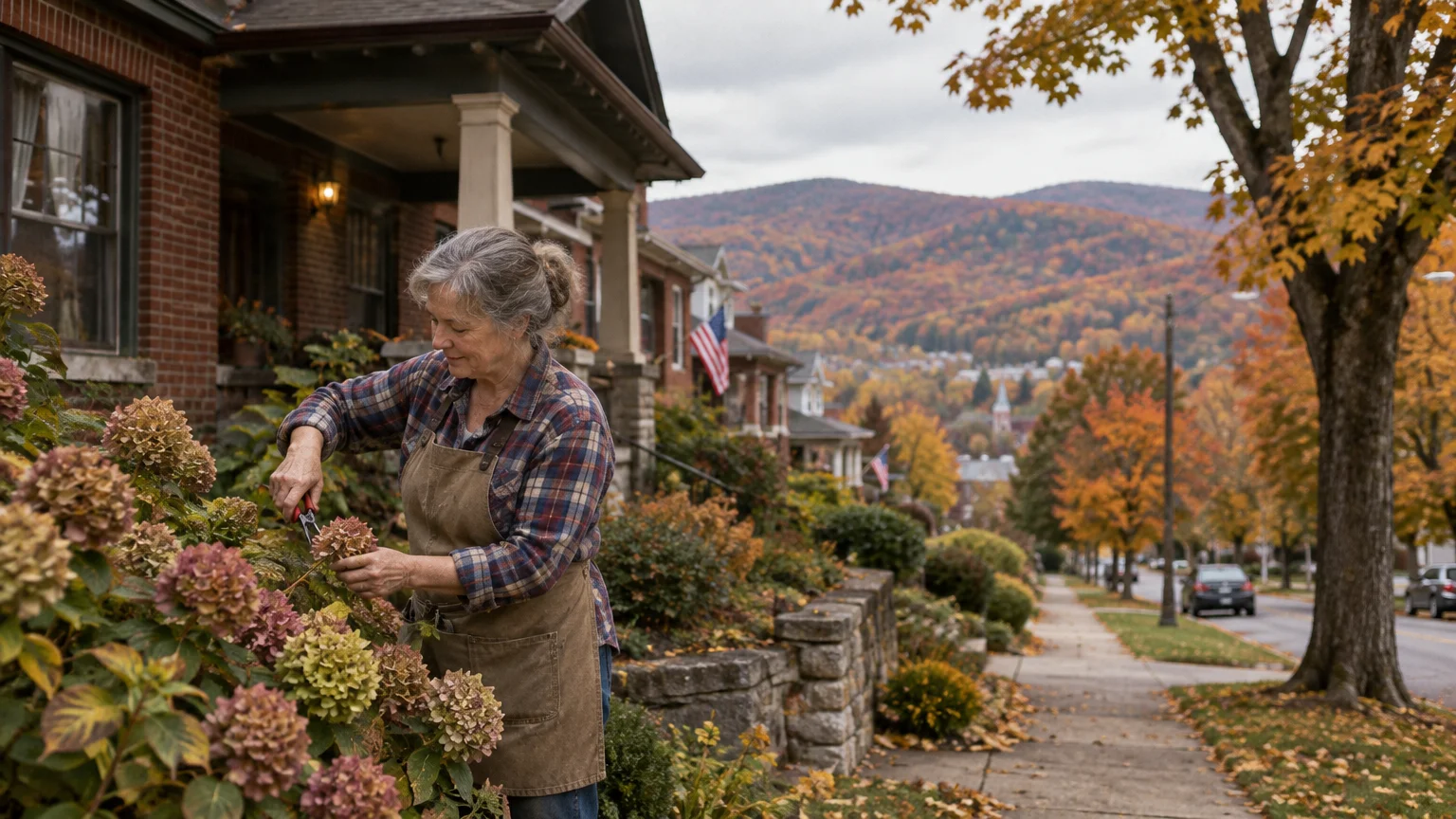 A woman trims hydrangea bushes in a front yard along a residential street lined with brick homes and autumn trees.
